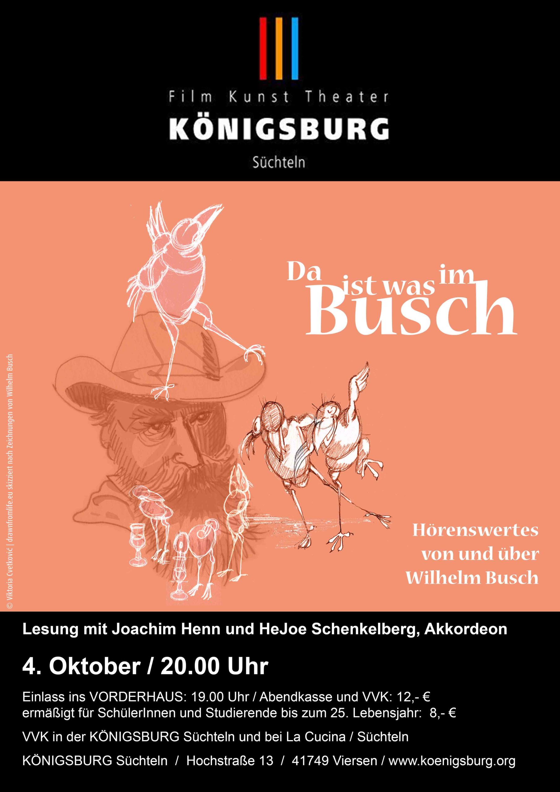 Plakat Lesung Wilhelm Busch © Viktoria Cvetković | drawnfromlife.eu Plakat Lesung Wilhelm Busch © Viktoria Cvetković | drawnfromlife.eu